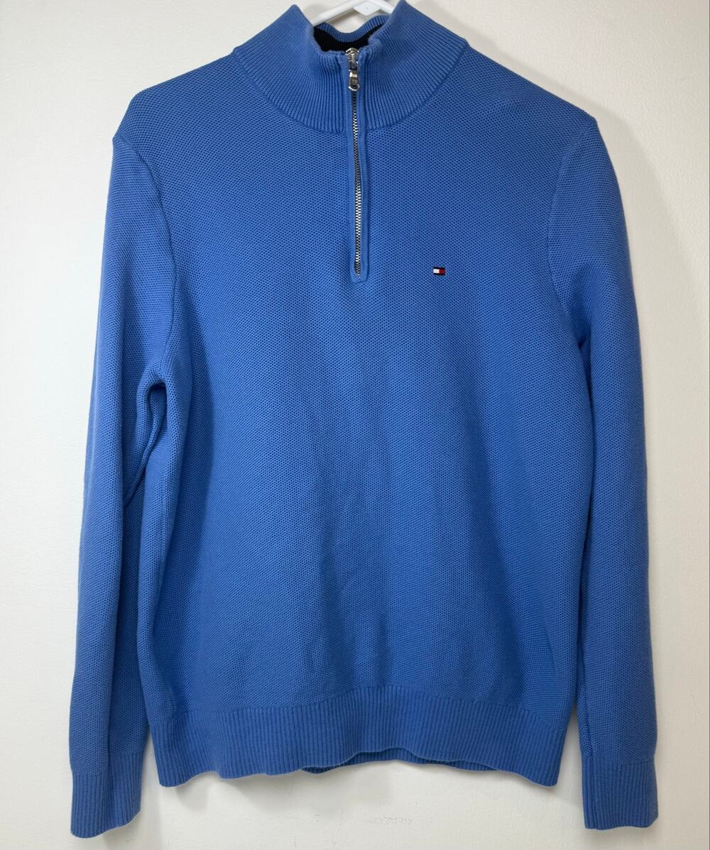 Tommy Hilfiger Mens Quarter Zip Pullover Sweater Medium Blue Cotton Casual